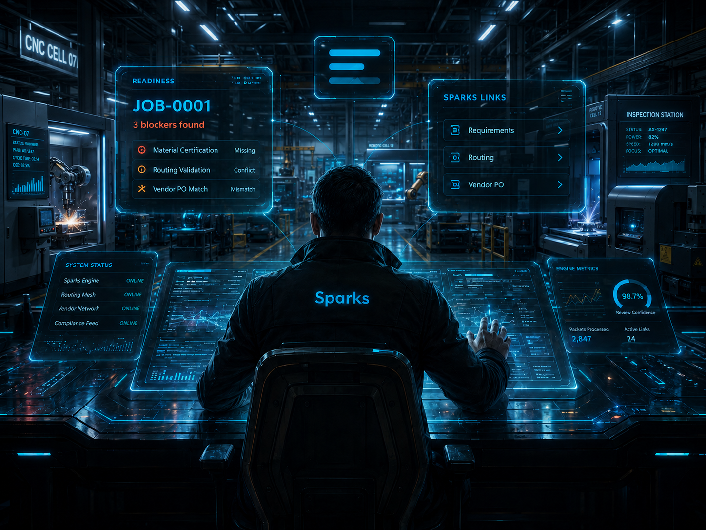 Sparks operator working at a futuristic shop-floor technical console